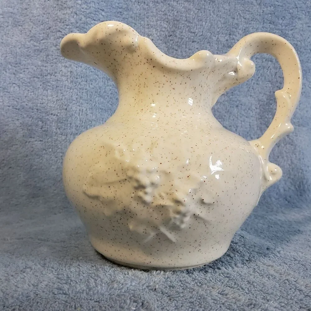 Vintage Cream Speckled Ceramic Pitcher Ruffled Rim Embossed Farmhouse Primitive